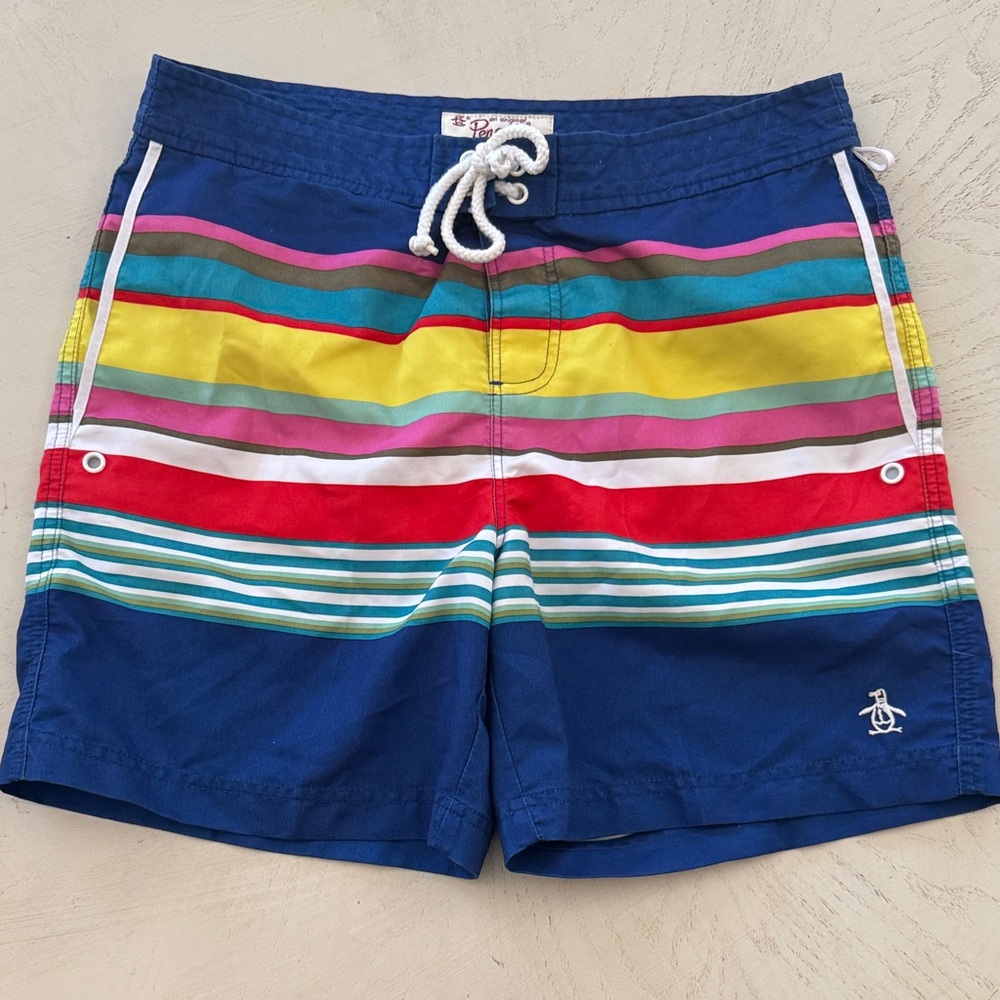 Men's Original Penguin Munsingwear Blue Stripe Swim Shorts Size 31